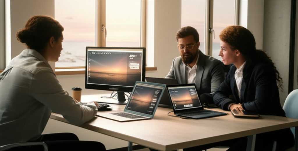 Equipo profesional usando IA con dashboards de productividad y métricas de rendimiento visibles